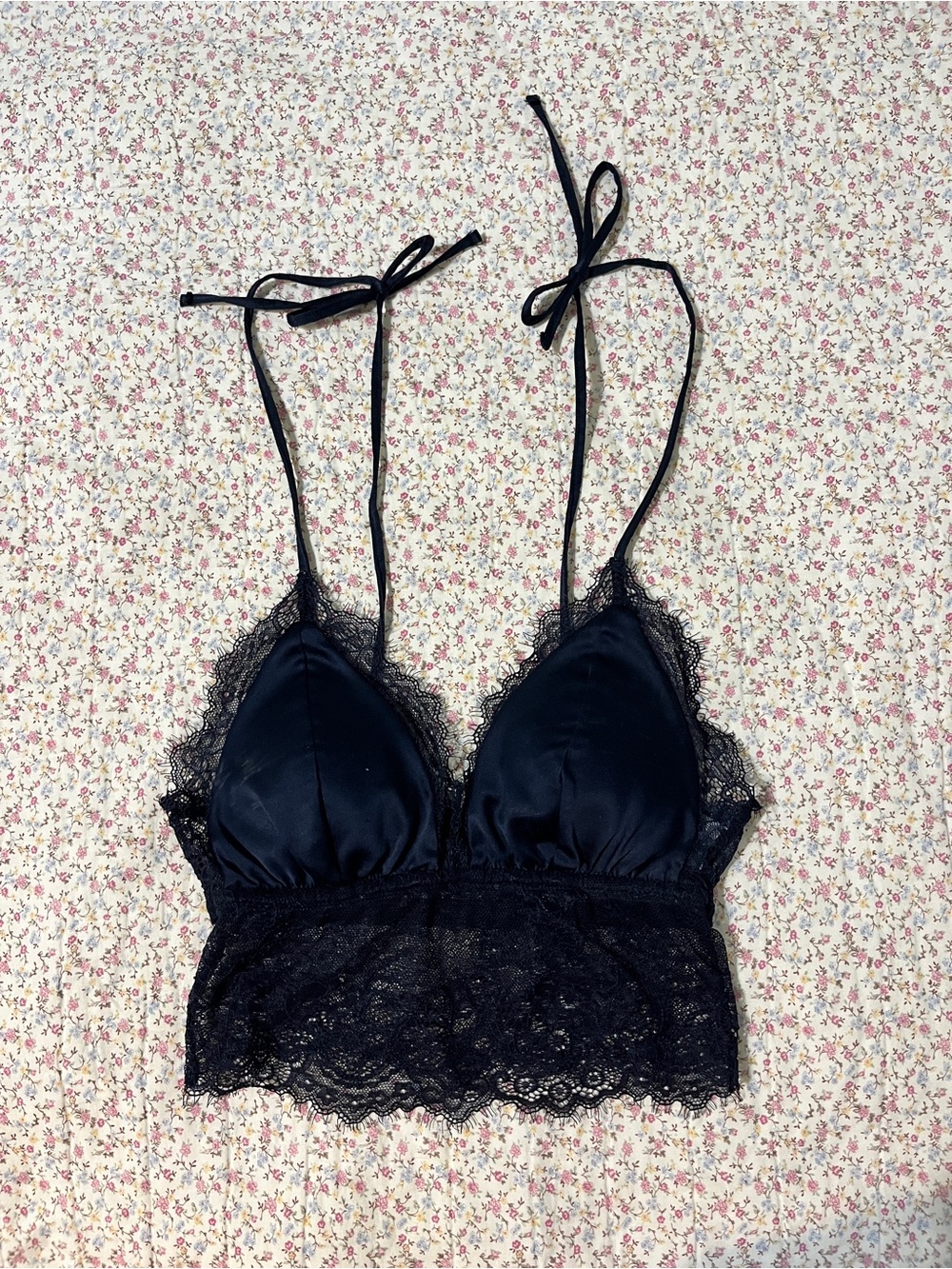 Garage Lace-Trim Satin Bralette - Navy XS